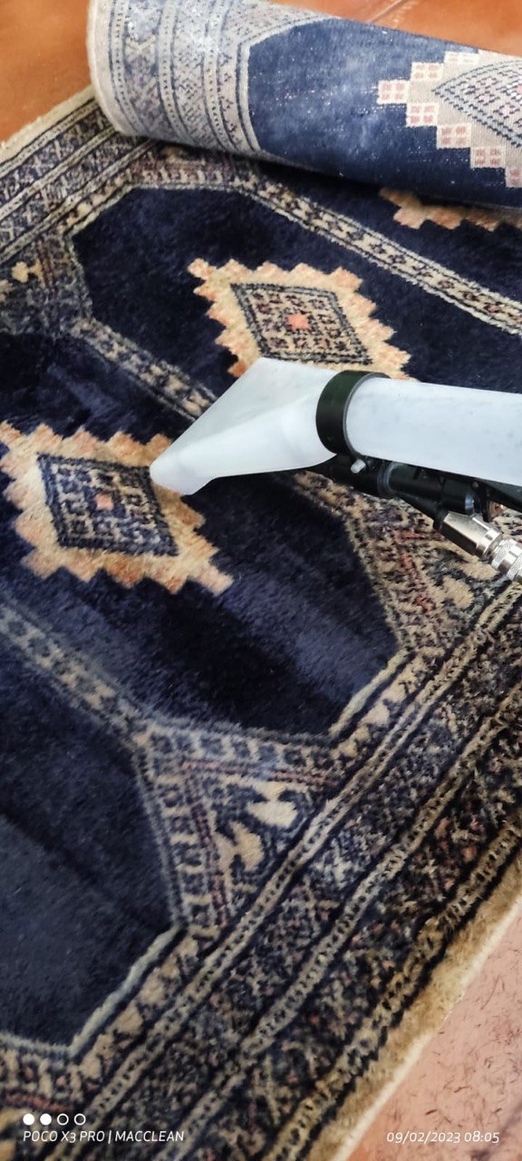 Extração em tapete persa de fundo azul, com peça enrolada ao fundo
