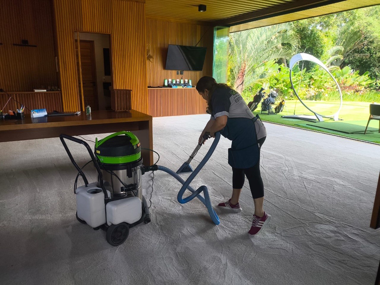 Higienização de carpete em ambiente residencial amplo com vista para jardim